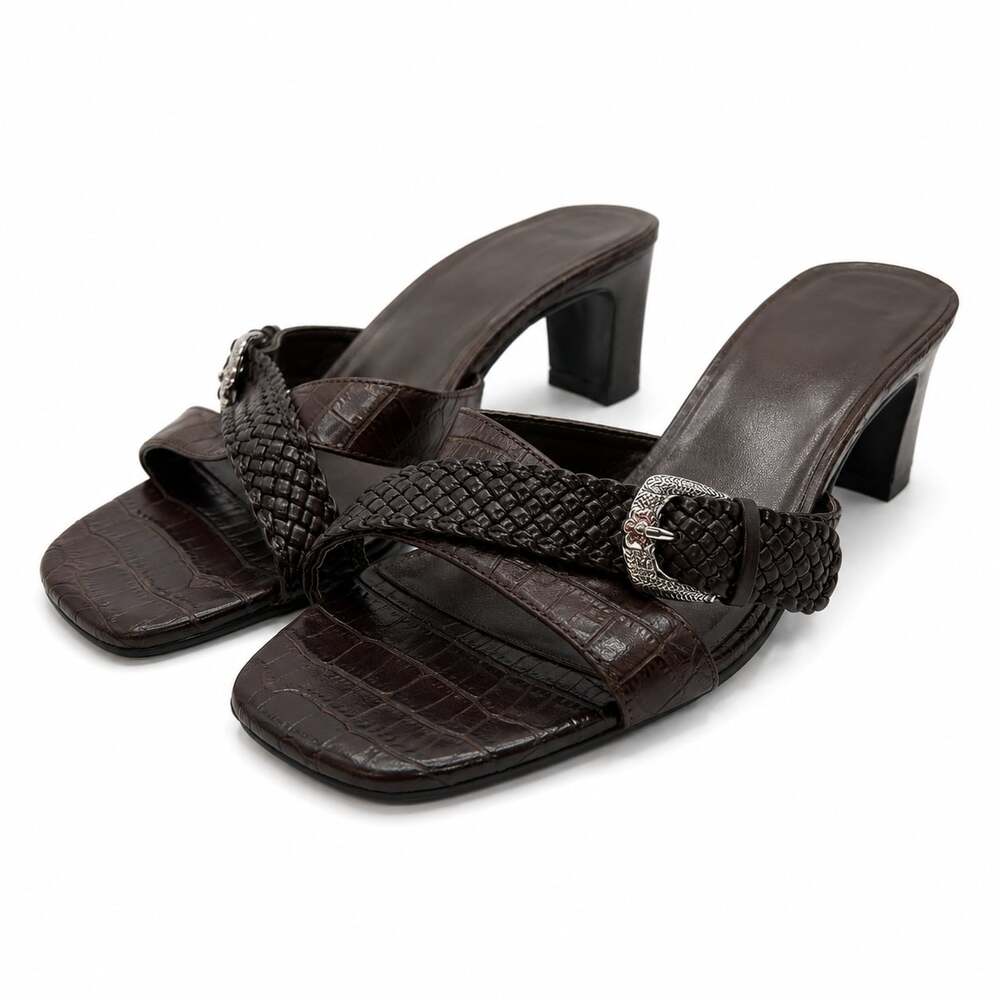 Cato Women's Brown Croc-Embossed Braided Buckle Strap Block Heel Mules